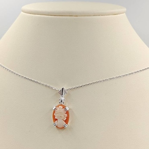 925 Petite Shell Cameo Peach Orange Shell Cameo Necklace w Sterling Silver Setting Shell Cameo Necklace Shell Cameo, Infinity Close image 1