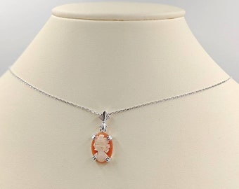 925 Petite Shell Cameo; Peach Orange Shell Cameo Necklace w Sterling Silver Setting; Shell Cameo Necklace; Shell Cameo, Infinity Close