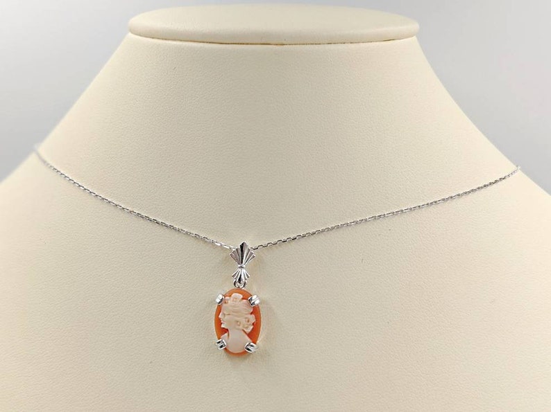 925 Petite Shell Cameo Peach Orange Shell Cameo Necklace w Sterling Silver Setting Shell Cameo Necklace Shell Cameo, Infinity Close image 1