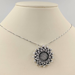 Sterling Silver Sunflower Necklace; Antiqued Sunflower; 925 Sun Flower Necklace on Silver Chain; Silver Sunflower Necklace, Infinity Close