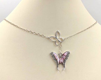 925 Butterfly Lariat; Butterfly Infinity Necklace; Mother of Pearl Butterfly Infinity; 925 Pink Pearl Butterfly Y Necklace, Infinity Close