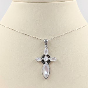 925 Mother of Pearl Cross with CZ Necklace; MOP Cross Necklace on 925 Chain; 925 Sterling Silver and Mother of Pearl Cross, Infinity Close