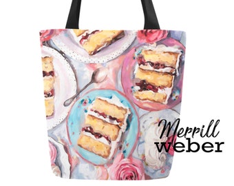 Cake Painting Tote Bag Reusable Shopping Bag Canvas Totebag Sweets for the Sweet Oil Painting by Merrill Weber