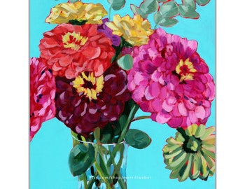 Zesty Zinnias Matted FINE ART PRINT Acrylic Painting Zinnia Print, Wall Decor, Flowers Wall Art, Floral Painting Botanical Art Nursery Art