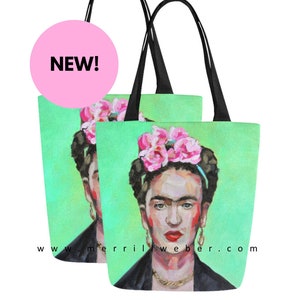 Mexican Artist Frida Tote Bag from Oil Painting Portrait by Merrill Weber, Mexican Folk Artist image 1