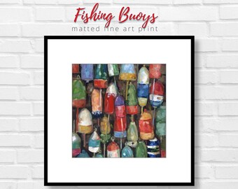 Nautical FISHING BUOYS Art Print: Coastal Beach House Wall Decor Fine Oil Painting, Ocean Nature Scene Home Decor Living Room Office Bedroom