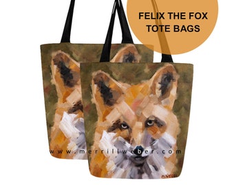Fox Painting TOTE BAG, From Felix the Fox Oil Painting by Merrill Weber, Woodland Animals, Bridesmaid Gift for Mom Friend, Free US Shipping