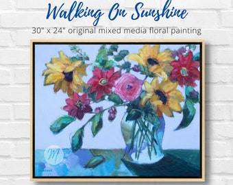 WALKING on SUNSHINE, Large FRAMED Mixed Media Colorful Floral Painting, Acrylic and Pastel, Big Flowers Painting, Wall Art, Merrill Weber