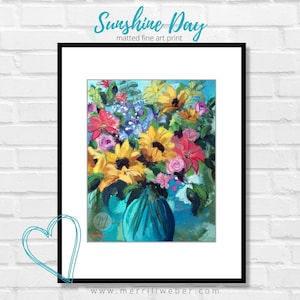 Sunflower Matted Fine Art Print: &quot;Sunshine Day&quot; Floral Wall Art by Merrill Weber (14x11-inches)