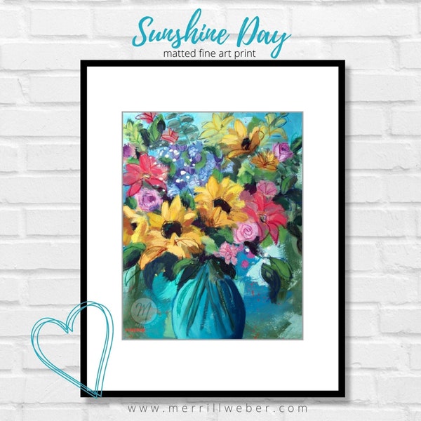 SUNSHINE DAY Happy Sunflower Art Print, Blue Yellow Pink Green, Living Room Decor, Floral Wall Art Kitchen Art Floral Painting Merrill Weber