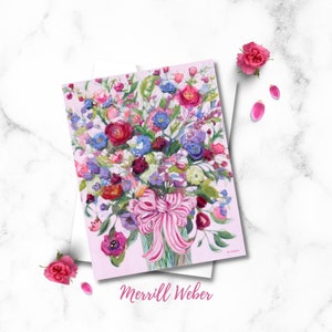 Sweet Love FLORAL GREETING CARDS for Her Birthday Cards Blank Cards Everyday Cards Art Cards Pink Red Purple Flowers Painting image 1