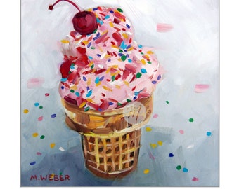 Ice Cream Cone with Cherry on Top Matted FINE ART PRINT Ice Cream Oil Painting Food Art Food Wall Décor Gift for Foodie Merrill Weber