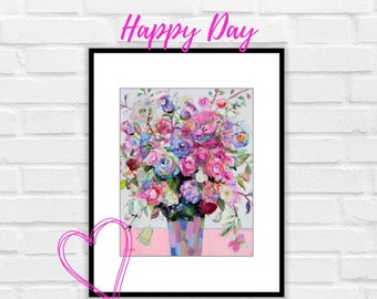 HAPPY DAY Vibrant Floral Art Print – Pink, White, Purple Blooms, Matted & Signed Wall Art from Acrylic  Mixed Media Painting, Merrill Weber