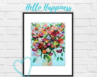 HELLO HAPPINESS Floral Art Prints, Flower Print, Living Room Art, Bedroom Art, Floral Wall Art Flower Poster Acrylic Painting