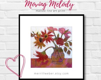 Floral Print MOVING MELODY Fine Art Flower Print, Nursery Wall Art, Girls Room Decor, Floral Wall Decor, Flower Poster, Mixed Media Painting