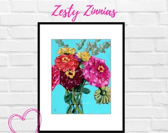 Zesty Zinnias Matted FINE ART PRINT Acrylic Painting Zinnia Print, Wall Decor, Flowers Wall Art, Floral Painting Botanical Art Nursery Art