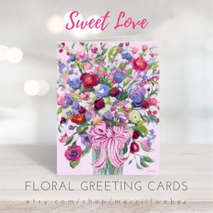 Sweet Love FLORAL GREETING CARDS for Her Birthday Cards Blank Cards Everyday Cards Art Cards Pink Red Purple Flowers Painting image 2