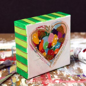 Mini Heart Original Painting: Colorful Mixed Media Acrylic, Abstract Art by Merrill Weber (4x4-inches)
