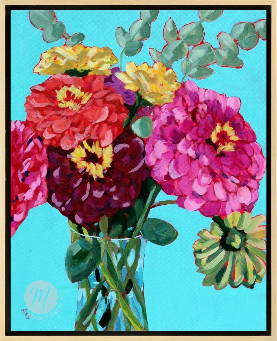 ZESTY ZINNIAS, Original Framed Floral Painting Wall Art, Big Colorful