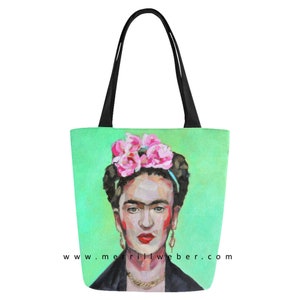 Mexican Artist Frida Tote Bag from Oil Painting Portrait by Merrill Weber, Mexican Folk Artist image 3