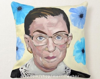 RUTH BADER GiNSBURG Notorious RBG Art Pillow from Oil Painting Image by Merrill Weber Blue White Yellow Decorative Sofa Pillow Bed Pillow