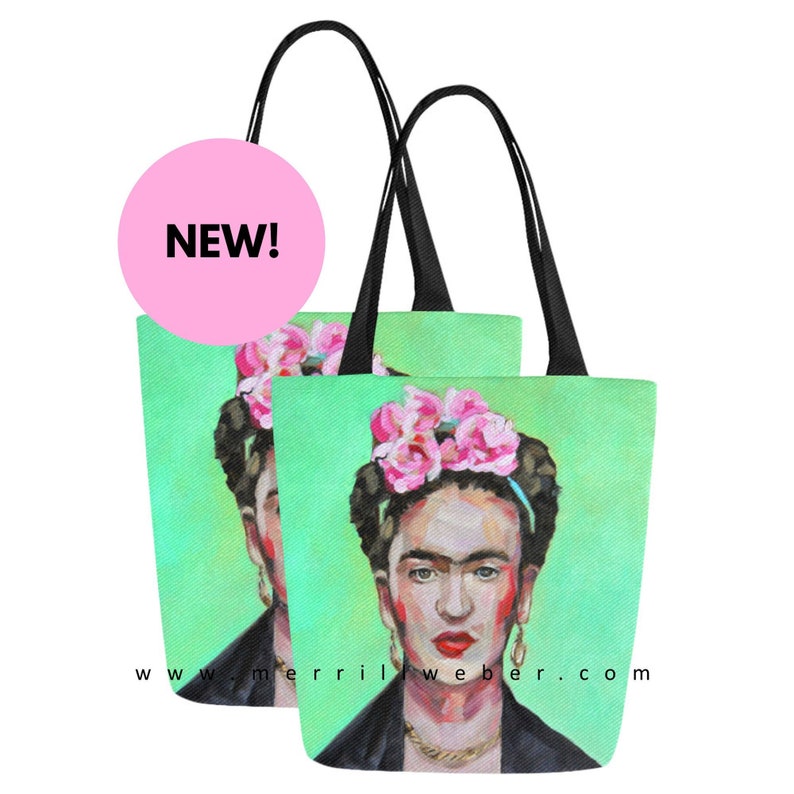 Mexican Artist Frida Tote Bag from Oil Painting Portrait by Merrill Weber, Mexican Folk Artist image 1