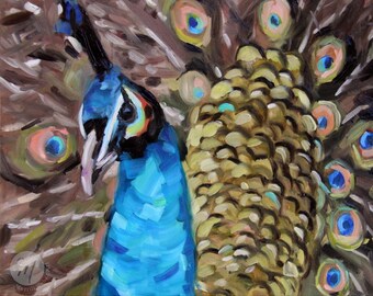 PEACOCK Original Oil Painting by Artist Merrill Weber, Bird Painting, Bird Art, Bird Oil Painting, Small Painting, Percy the Peacock Art