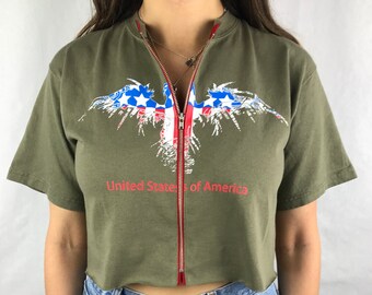 Vintage USA Military Style Cropped Zip-up Tee (M)
