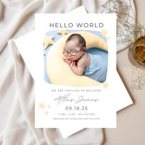 Neugeborene Baby Geburtsankündigungskarte, druckbare Mond & Sterne Foto Geburtsvorlage, bearbeitbare minimalistische Geburtsankündigung, sofortiger Download