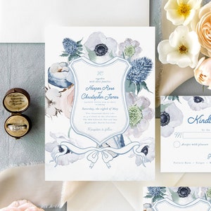 Dusty Blue Watercolor Wedding Invitation Suite, Floral, Wedding Crest, Elegant Wedding, Printable, Editable Template, Instant Download!