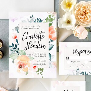 Elegant Watercolor Florals Wedding Invitation Suite, Botanical, Garden Wedding, Printable, Editable Template, Instant Download!