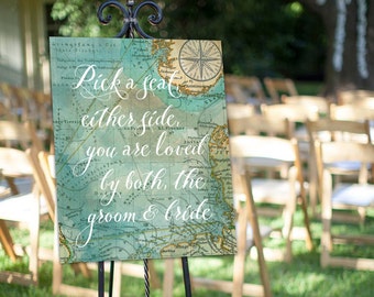 Wedding Sign, "Pick a seat, either side, you are loved by both, the groom & bride" Travel Theme - Two Sizes Included! **Printable Item**