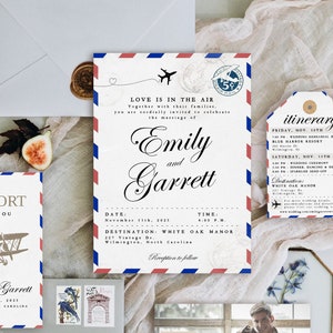 Vintage Airmail Wedding Invitation Suite! Luggage Tag Info Card, Passport Thank You, Travel Theme, Editable Template