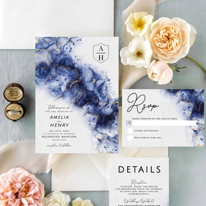 Blue and Gold Watercolor Wedding Invitation Suite, Gold Veins, Blue Wedding, Printable, Editable Template, Instant Download!