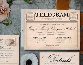 Telegram! Wedding Invitation Suite (Printable), Telegram Invitation, Post Card RSVP, Luggage Tag Thank You, Details Card *Editable Template*