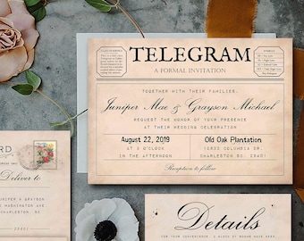 Telegram! Wedding Invitation Suite (Printable), Telegram Invitation, Post Card RSVP, Luggage Tag Thank You, Details Card *Editable Template*