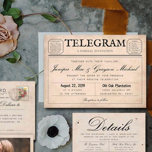 Telegram! Wedding Invitation Suite (Printable), Telegram Invitation, Post Card RSVP, Luggage Tag Thank You, Details Card *Editable Template*