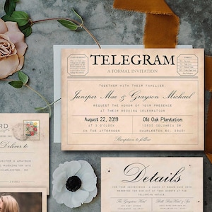 Telegram! Wedding Invitation Suite (Printable), Telegram Invitation, Post Card RSVP, Luggage Tag Thank You, Details Card *Editable Template*