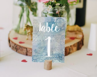 Travel-Theme Table Numbers, Editable Template, Vintage Blue Map, Instant Download, Customize it with Numbers or Destinations!