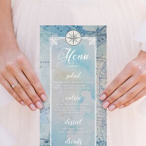 Blue Map Wedding Menu, Vintage Travel Theme Printable, Editable Template, Instant Download!