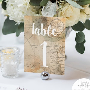 Editable Travel-Theme Table Numbers Template, Vintage Map, Instant Download, Customize it with Numbers or Destinations!