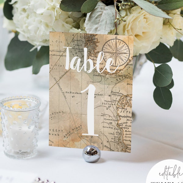 Editable Travel-Theme Table Numbers Template, Vintage Map, Instant Download, Customize it with Numbers or Destinations!