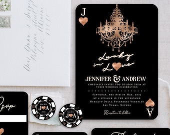 Fun Las Vegas Themed Wedding Invitation Suite, &quot;Lucky in Love&quot;, Playing Cards, Editable Template, Instant Download! (Printable)