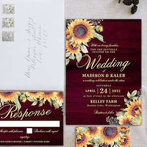Sunflower Rustic Burgundy Wedding Invitation Suite, Country Wedding, Fall, Autumn, Printable, Editable Template, Instant Download!