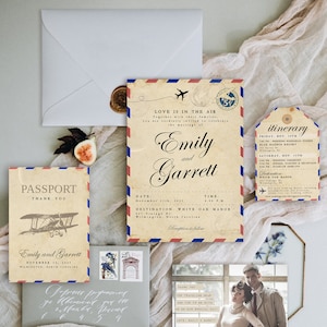 Vintage Airmail Wedding Invitation Suite! Luggage Tag Info Card, Passport Thank You, Travel Theme, Editable Template
