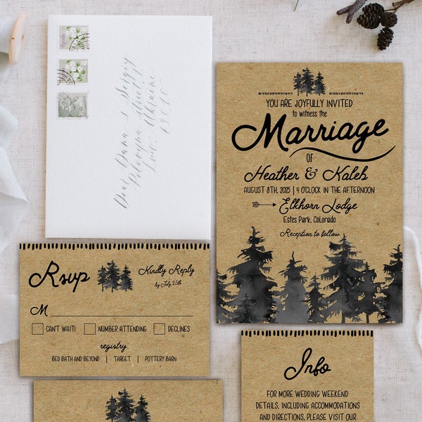 Rustic Forest Wedding Invitation Suite, Rustic, Pine Trees, Nature Wedding, Printable, Editable Template, Instant Download!