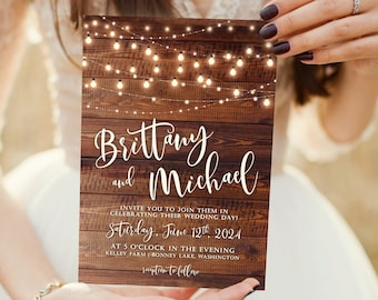 Rustic Wood String Lights Wedding Invitation Suite, Printable, Editable Template, Instant Download!