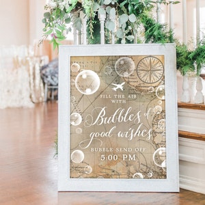 Bubble Send Off Sign, Vintage Map Travel Design, Printable, Instant-Download Editable Template, Multiple Sizes Included!