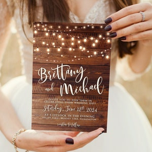 Rustic Wood String Lights Wedding Invitation Suite, Printable, Editable Template, Instant Download!