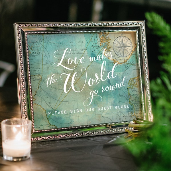 Travel Theme "Please Sign Our Guest Globe" Printable Wedding Guestbook Sign, "Love Makes the World Go Round", Instant Download!